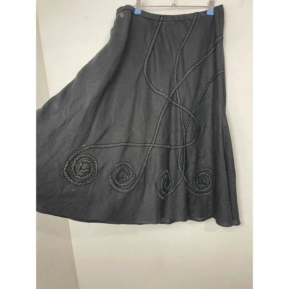 JM Collection Petite Black 100% Linen Beaded Soutache Midi Skirt Womens 16P‎